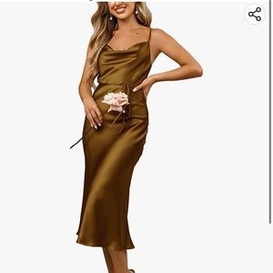 Brown satin wedding guest dress